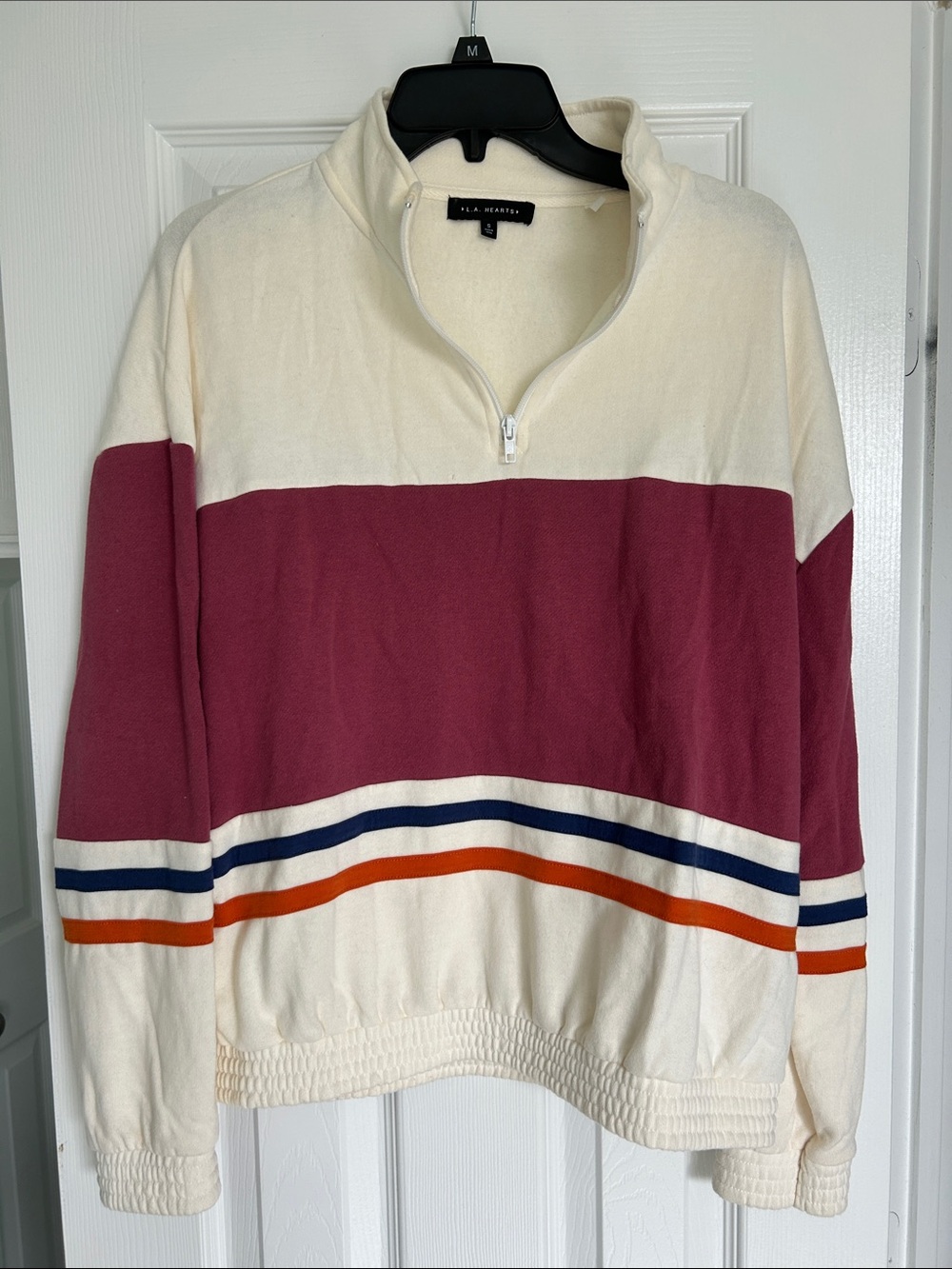 La Hearts Cream, Berry & Navy 1/4 Zip Turtleneck Sweater with Orange Stripes